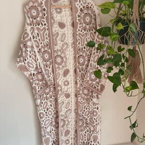 POL Crochet Floral Duster Cardigan – Cream & Taupe – One Size